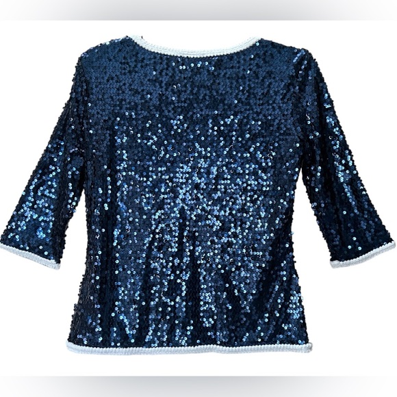 NWT Iman Global Chic Blue Sequins White Trim Jacket Blazer Cardigan Size M - Picture 4 of 13